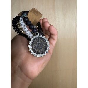 Boho Beaded Stretch Bracelet Stack Black White Lava Rock Tassel Sunflower Charm